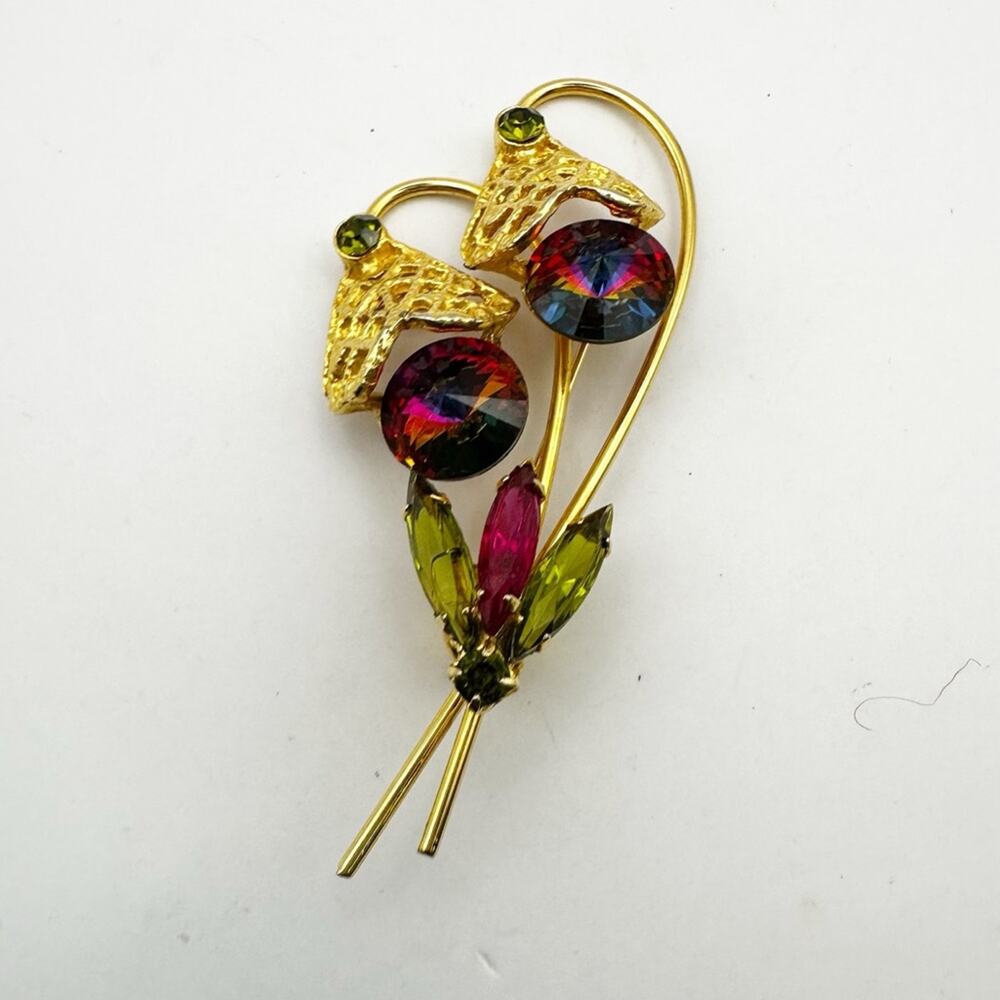 Vintage Watermelon Rivoli Pin Rhinestone Filigree Floral Bouquet Brooch Retro